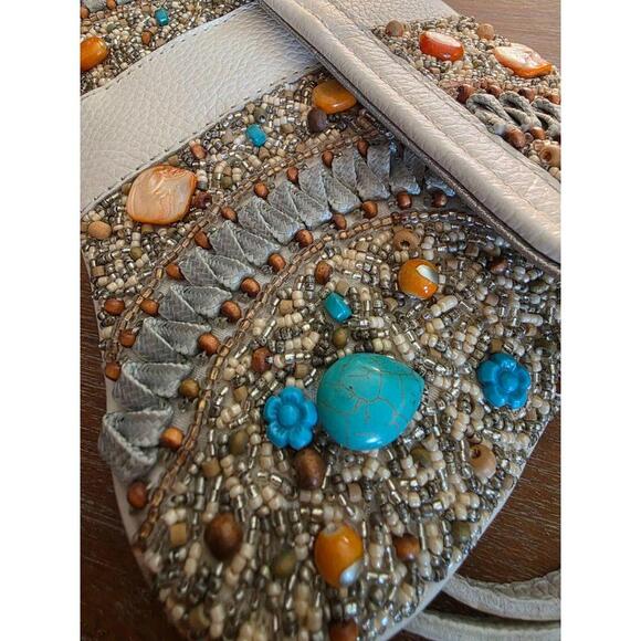 Mary Frances Clutch Womens Medium Ivory Turquoise Stones Boho Southwestern Chic - Picture 8 of 10